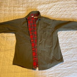 L.L. Bean, vintage green button-down jacket with a red flannel lining